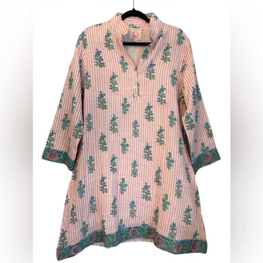 NEW Victoria Dunn Pink Stripe Floral Block Print Lined Tunic Dress XL
